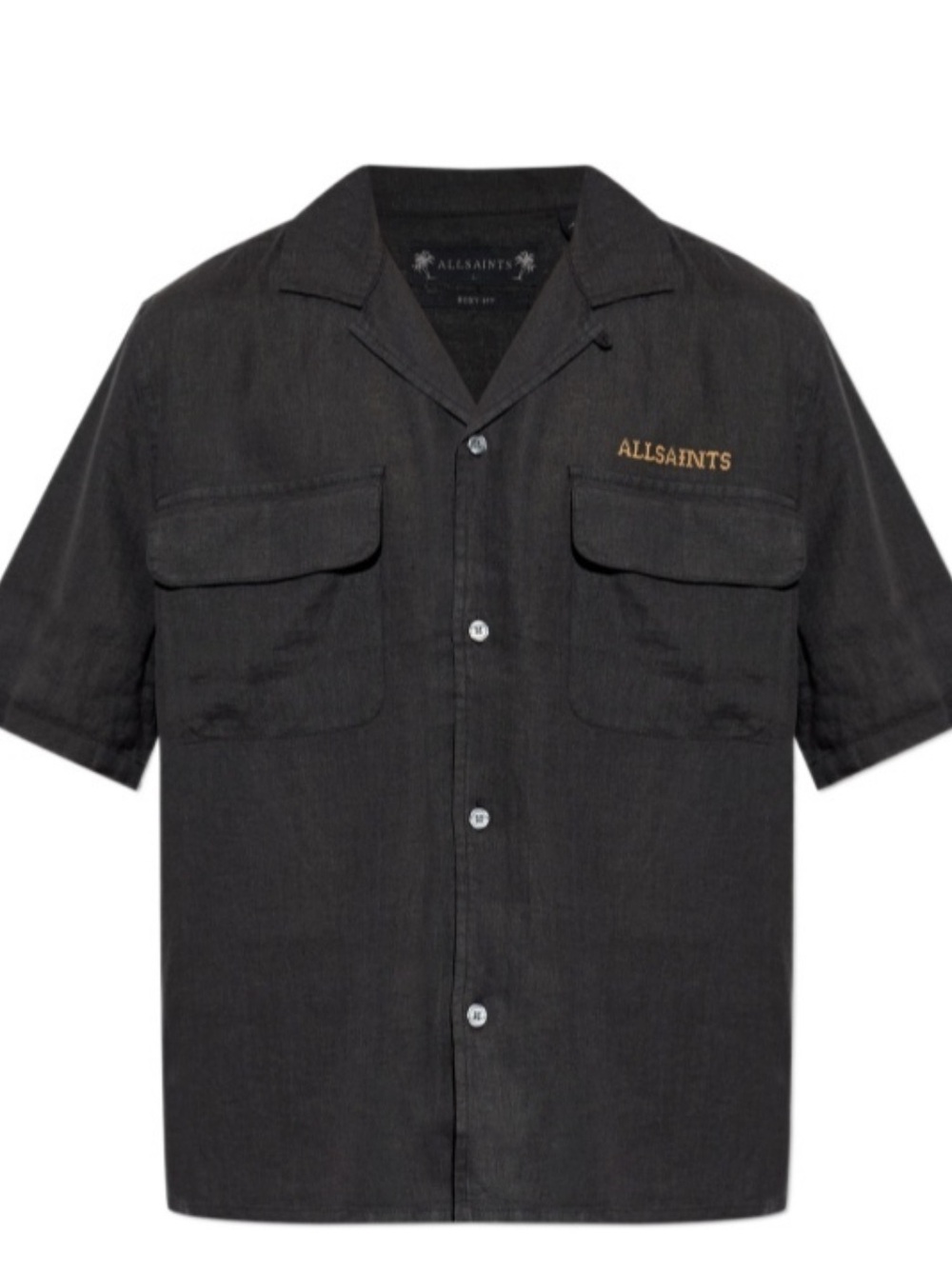 All Saints Black Short-Sleeve Camp Collar Utility Shirt with Gold Logo